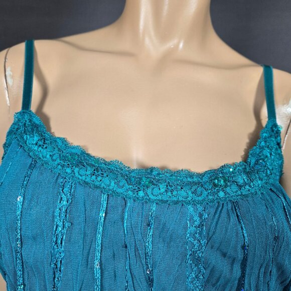 Y2K Blue Sequin Layered mesh Babydoll Top Sleeveless Camisole Size L Fairy Boho - Picture 2 of 11